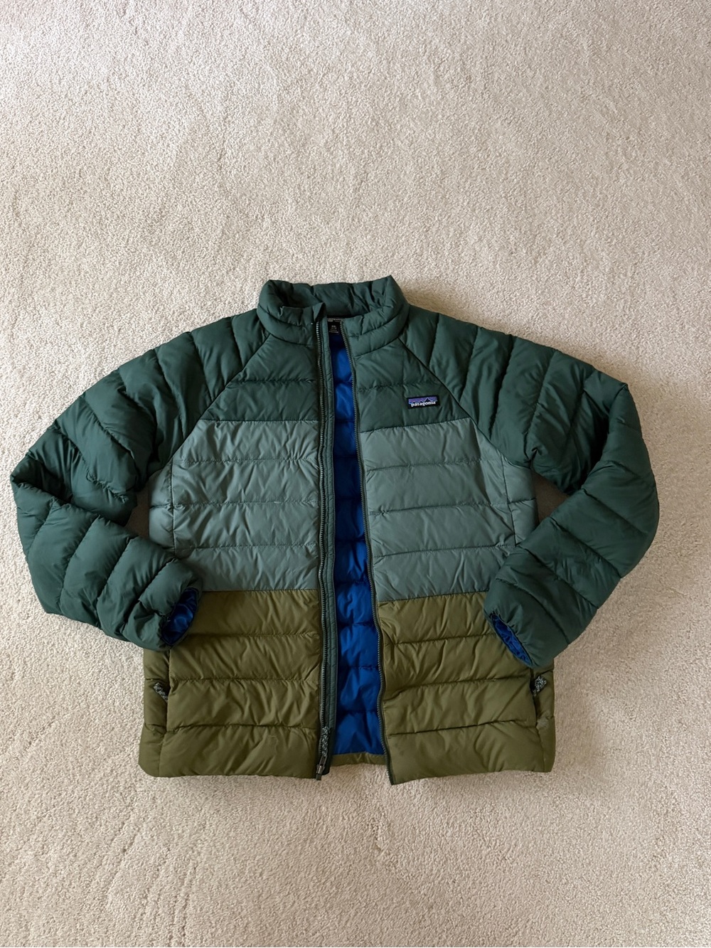 Patagonia Down Sweater Kids Green puffer Jacket with Blue Lining